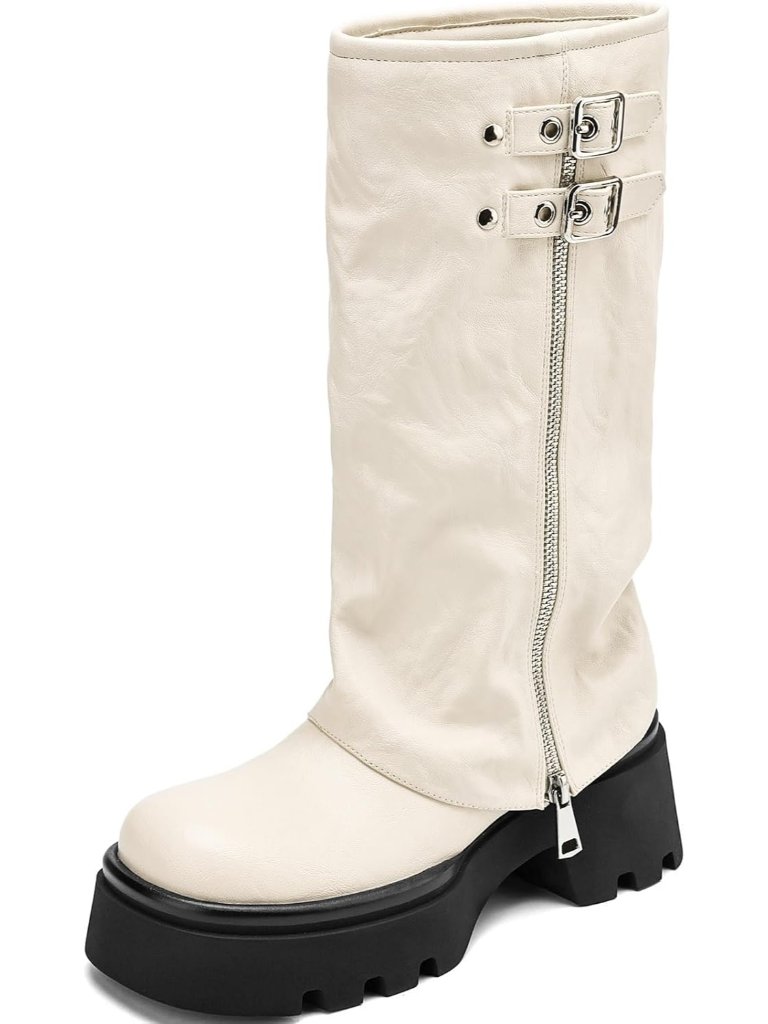Women's White Chunky Moto Riding Boots Slouchy Wide Calf Motorcycle Biker Boots